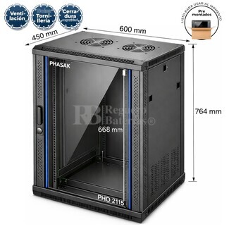 Armario Rack 15U 600x450 mm | Mural Phasak Pro PHO 2115